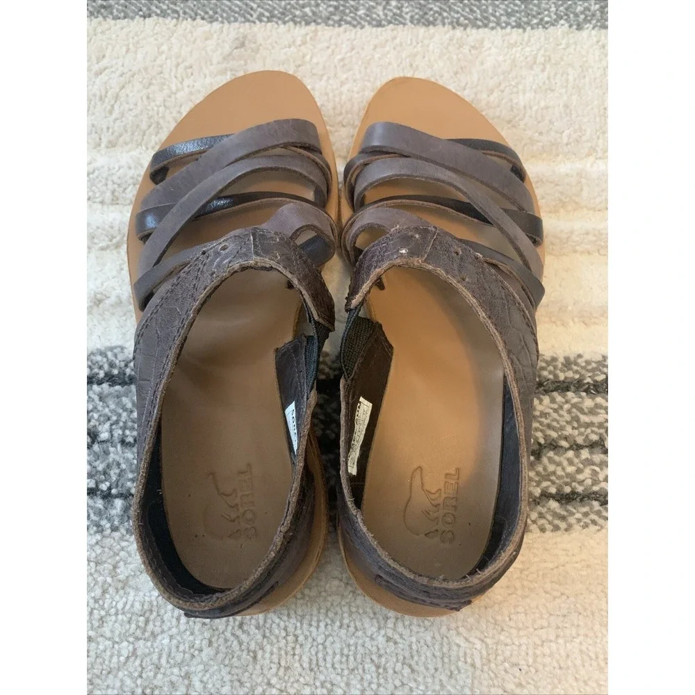 Sorel Lake Shoe‎ Sandals Women's 6M Brown Leather Slip On Strappy Open Toe.